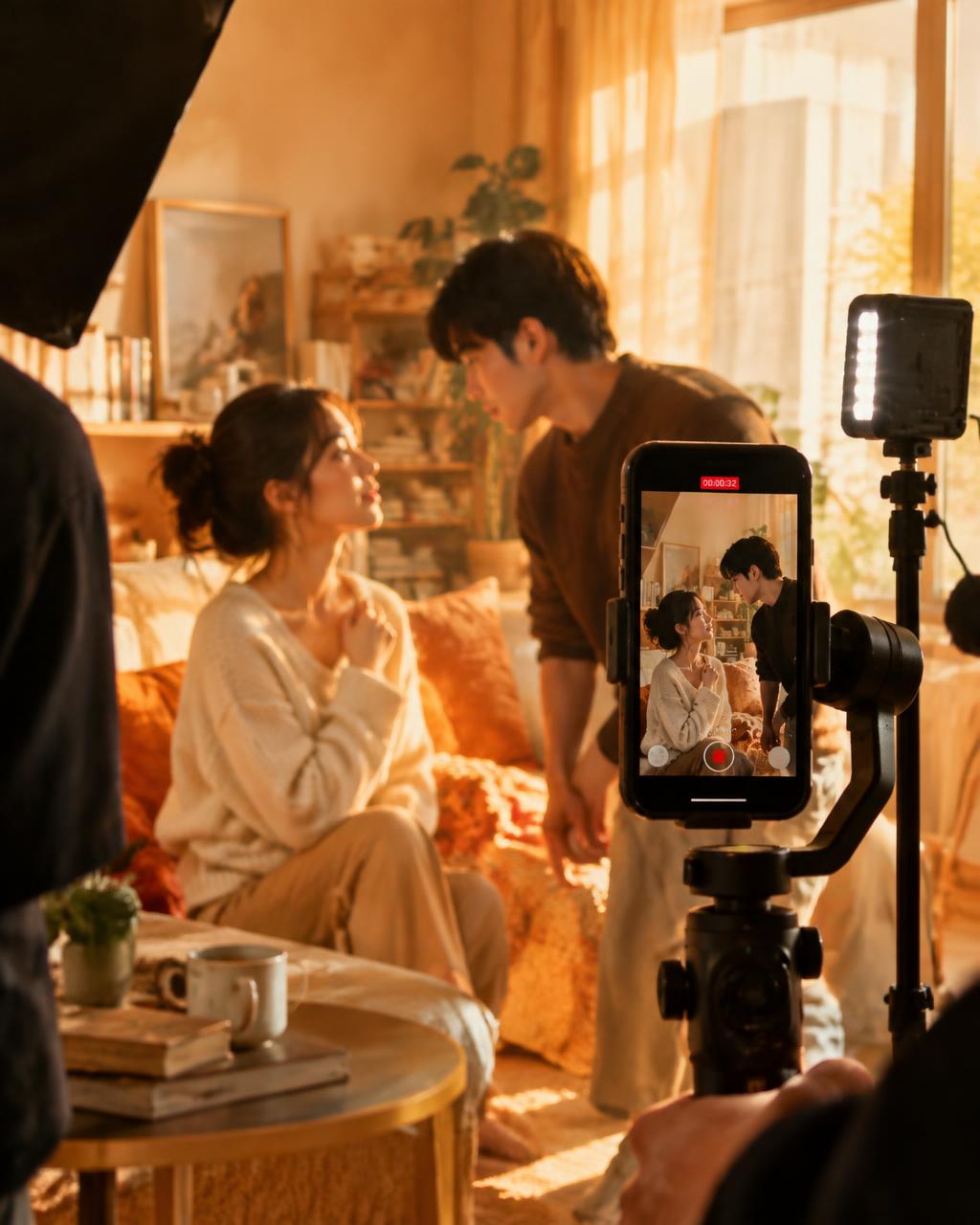 Actors filming a vertical micro-drama ad on a phone rig