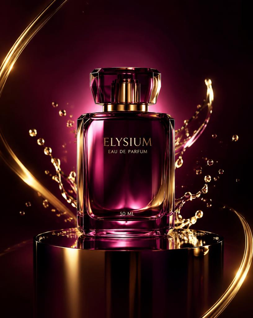 Glossy AI product promo of a perfume bottle